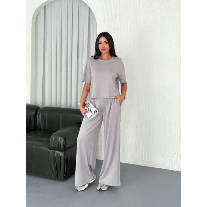 Osy Modal Yumuşak Dokulu Kumaş Bisiklet Yaka T-shirt  Bol Paça Pantalon Ikili Takım - Boyalı Gri