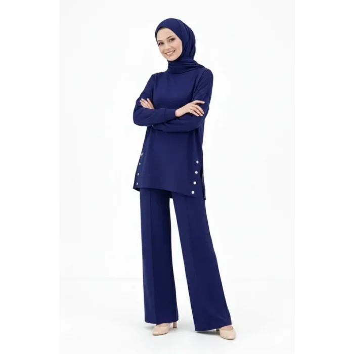 Osy Modal Yumuşak Dokulu Kumaş Modern Tesettür Takım Yandan Metal Çıtçıtlı Uzun Tunik Pantolon Set Salaş Kalıp - Lacivert