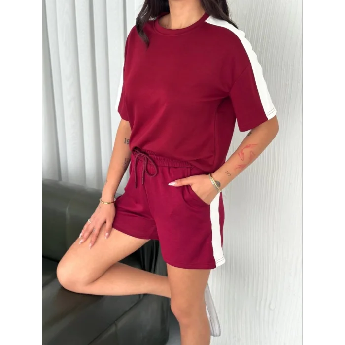 Osy Modal Yumuşak Dokulu Kumaş Parçalı Bisiklet Yaka T-shirt Kısa Şort İkili Takım -  Bordo