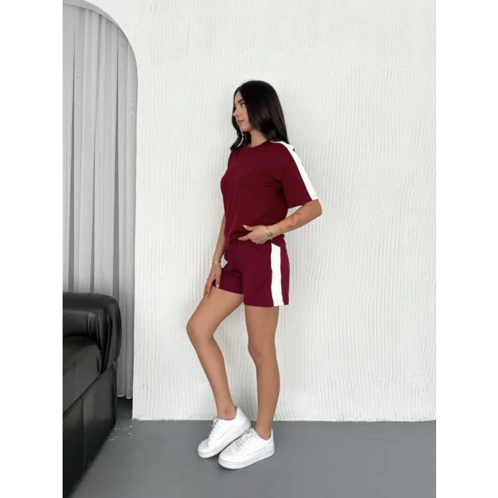 Osy Modal Yumuşak Dokulu Kumaş Parçalı Bisiklet Yaka T-shirt Kısa Şort İkili Takım -  Bordo