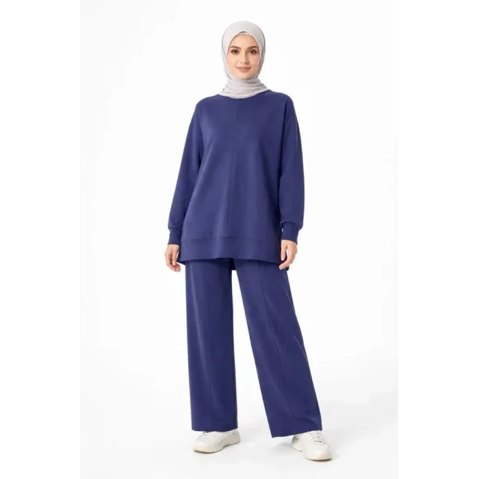 Osy Modal Yumuşak Dokulu Tesettür İkili Takım Yan Yırtmaçlı Uzun Tunik Ve Düz Paça Pantolon, Salaş Kalıp - Lacivert