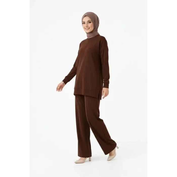 Osy Modal Yumuşak Dokulu Tesettür İkili Takım Yan Yırtmaçlı Uzun Tunik Ve Düz Paça Pantolon, Salaş Kalıp - Kahverengi