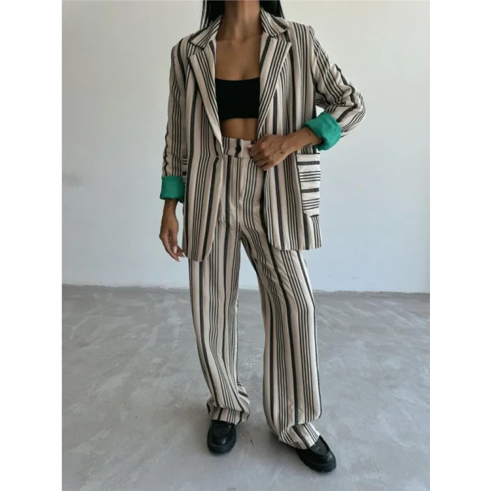 OTTOMAN ÇİZGİLİ CEKET-PANTOLON TK - Bej