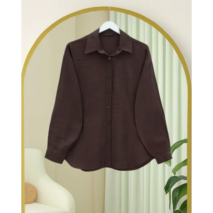 Oval Kesim Tensel Cupra Gömlek  -Kahve