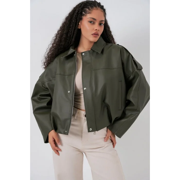 Oversize Deri Ceket 1055 - Haki