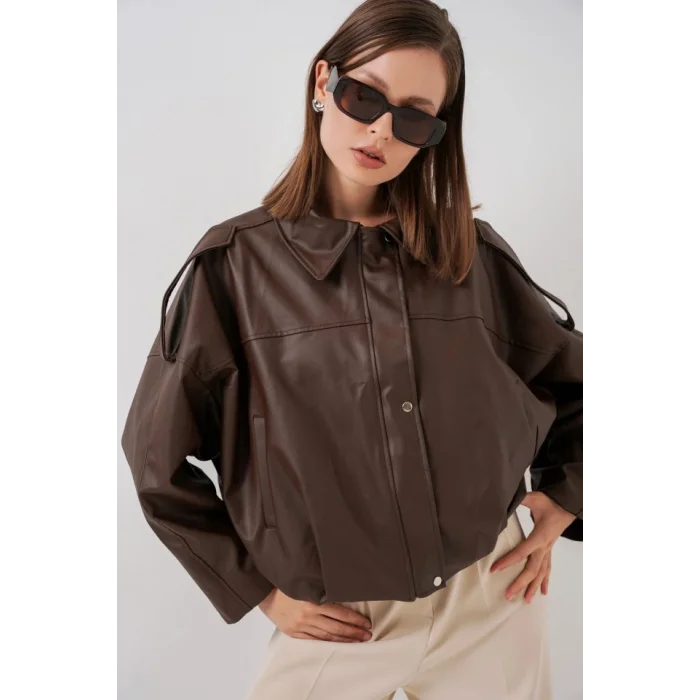 Oversize Deri Ceket 1055 - Kahverengi