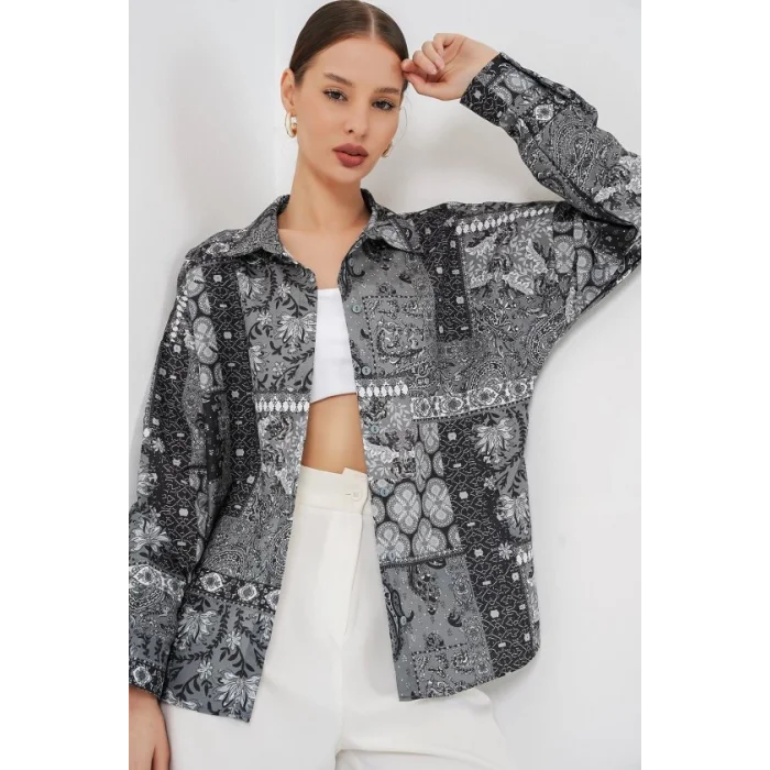 Oversize Desenli Saten Gömlek 20365 - Antrasit