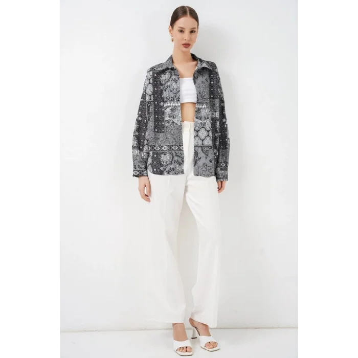 Oversize Desenli Saten Gömlek 20365 - Antrasit