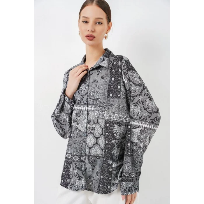Oversize Desenli Saten Gömlek 20365 - Antrasit