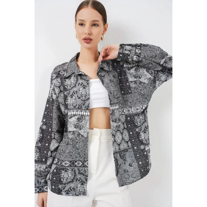 Oversize Desenli Saten Gömlek 20365 - Antrasit