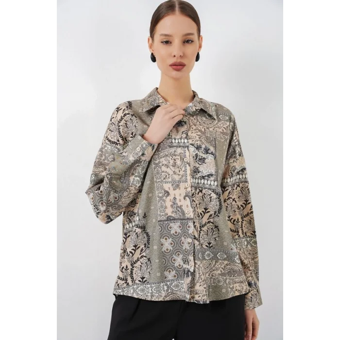 Oversize Desenli Saten Gömlek 20365 - Çağla