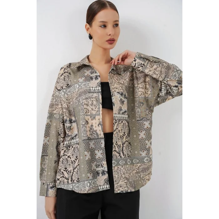 Oversize Desenli Saten Gömlek 20365 - Çağla