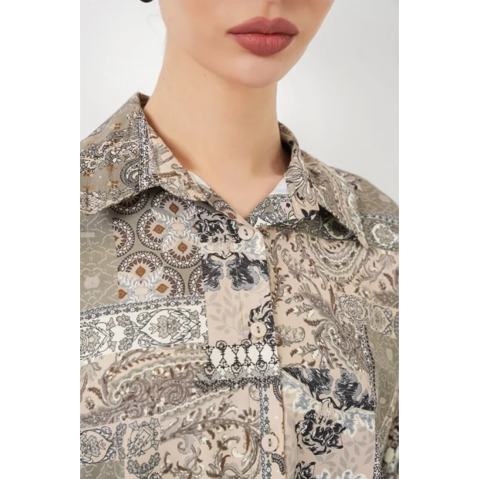 Oversize Desenli Saten Gömlek 20365 - Çağla