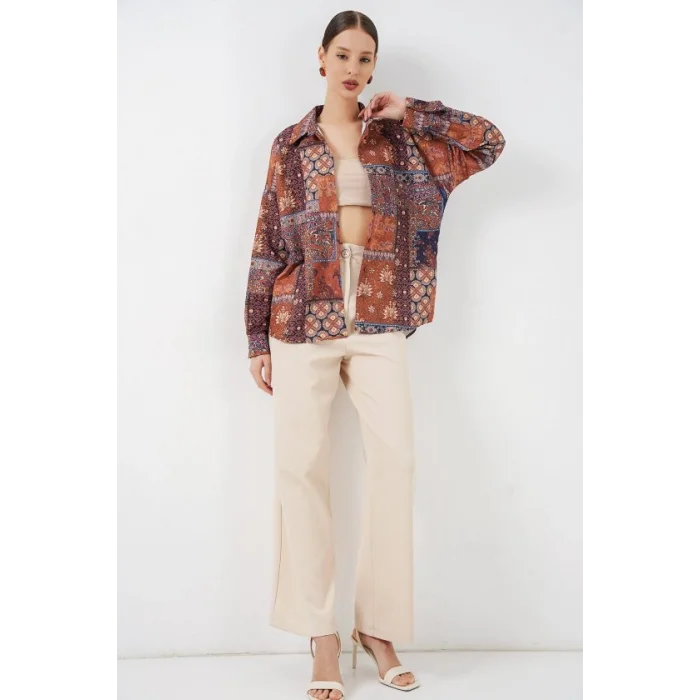 Oversize Desenli Saten Gömlek 20365 - Kiremit