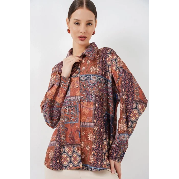 Oversize Desenli Saten Gömlek 20365 - Kiremit