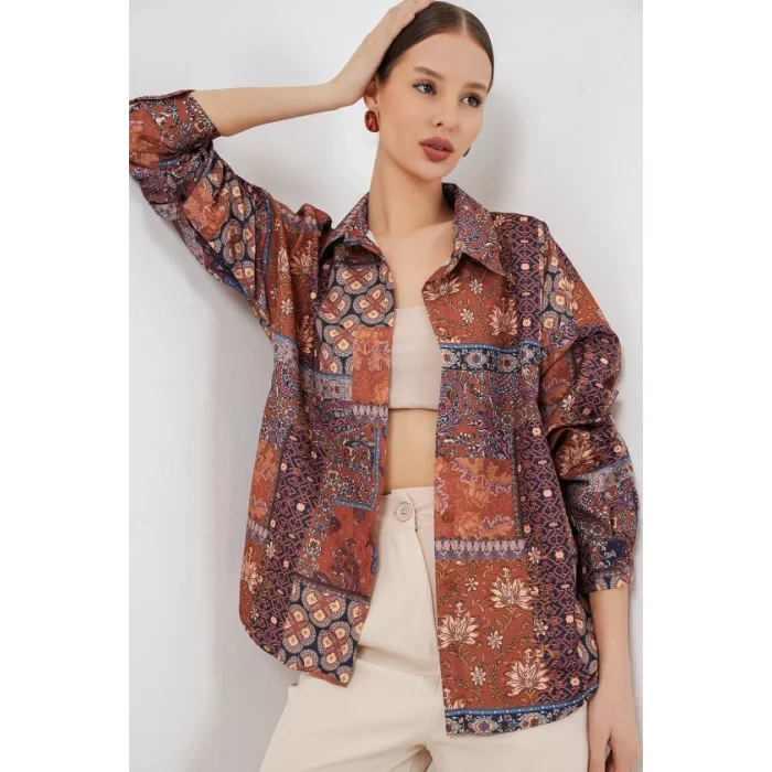 Oversize Desenli Saten Gömlek 20365 - Kiremit
