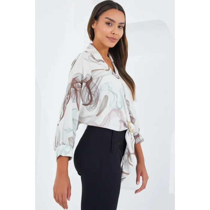 Oversize Dökümlü Crop Saten Gömlek 906 - Kahverengi