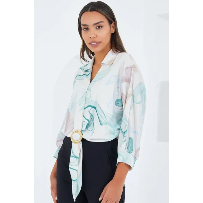 Oversize Dökümlü Crop Saten Gömlek 906 - Mint