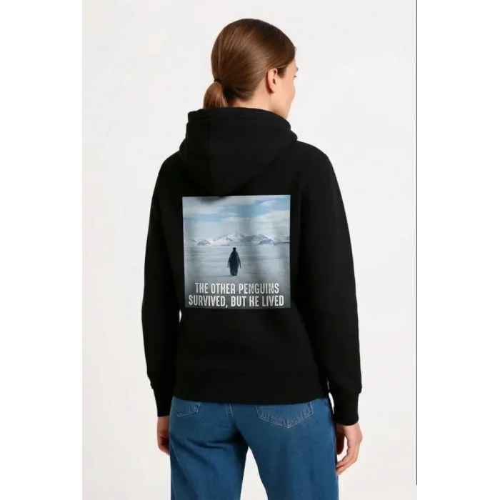 Oversize Hoodie - Sırt Baskılı Survivor Penguin Temalı, Felsefi Yazılı Kapüşonlu Sweatshirt - Siyah