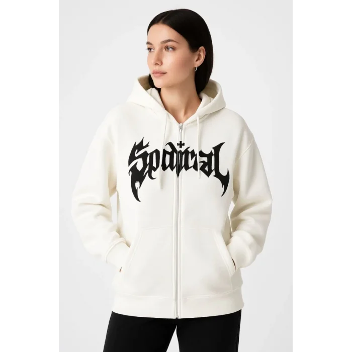 Oversize Kapüşonlu Sweatshirt Hoodie 3 İplik Şardonlu Pamuklu Kumaş, Önü Baskılı, Fermuarlı Rahat Kalıp, Kışlık Ve Sokak Stili Sweat - Beyaz