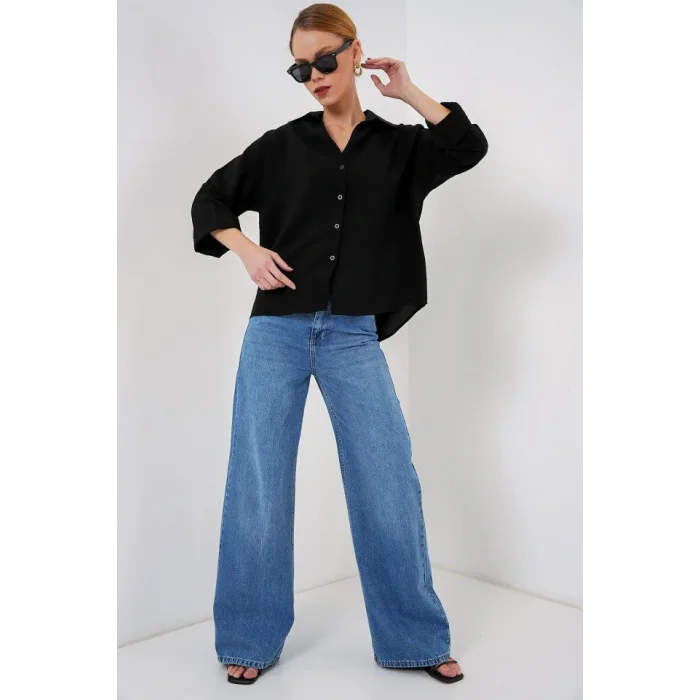 Oversize Kısa Kol Gömlek 20315 - Siyah