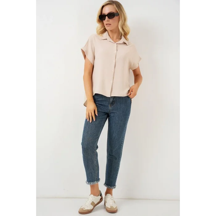 Oversize Kısa Kol Gömlek 20322 - Krem