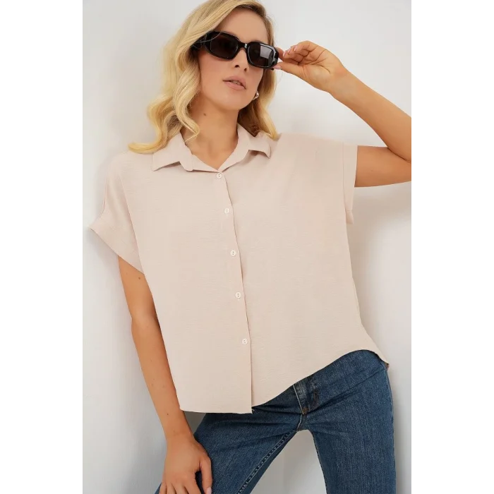 Oversize Kısa Kol Gömlek 20322 - Krem