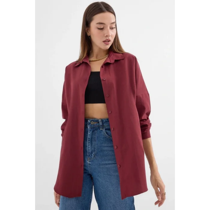 Oversize Mürdüm Uzun Basic Gömlek 3900