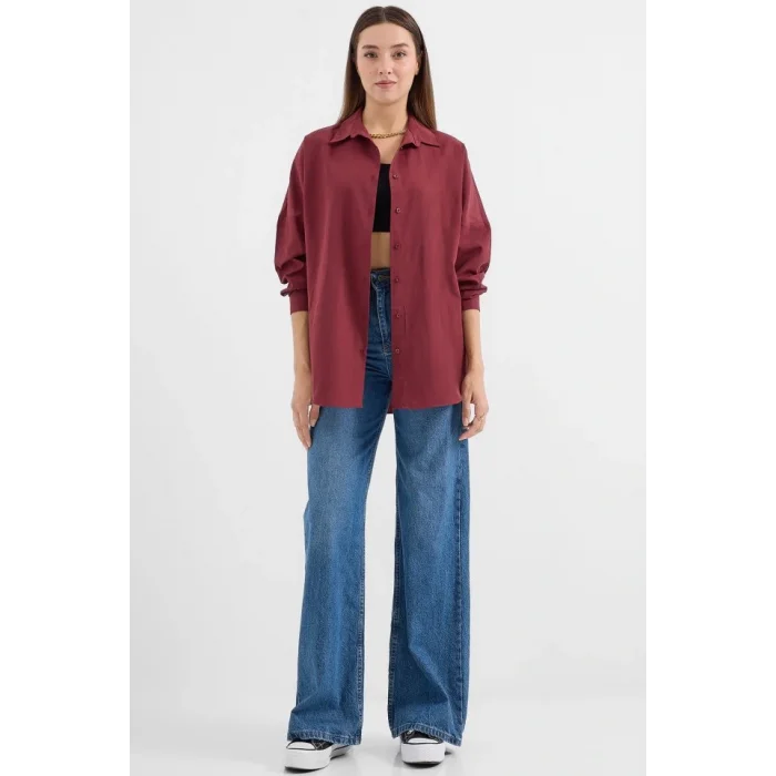 Oversize Mürdüm Uzun Basic Gömlek 3900