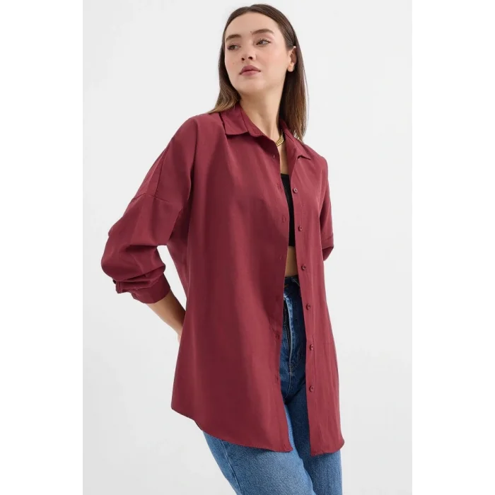 Oversize Mürdüm Uzun Basic Gömlek 3900