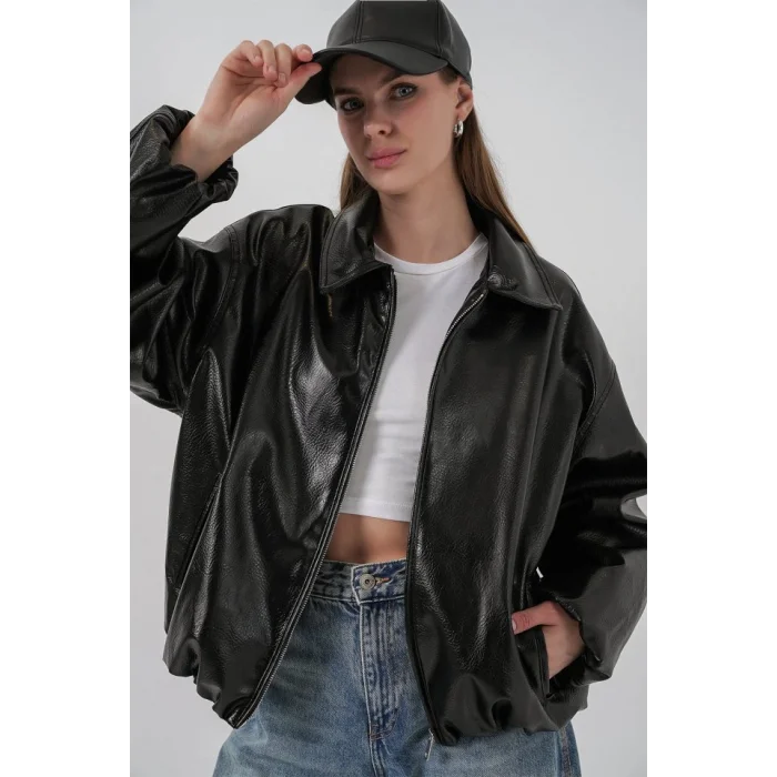 Oversize Suni Deri Ceket 1049 - Siyah