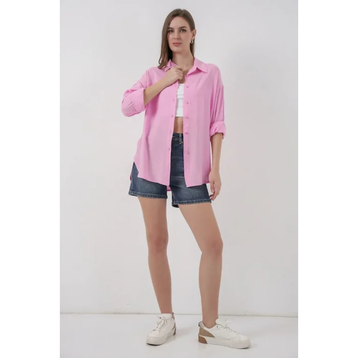 Oversize Viskon Gömlek 3785 - Pembe