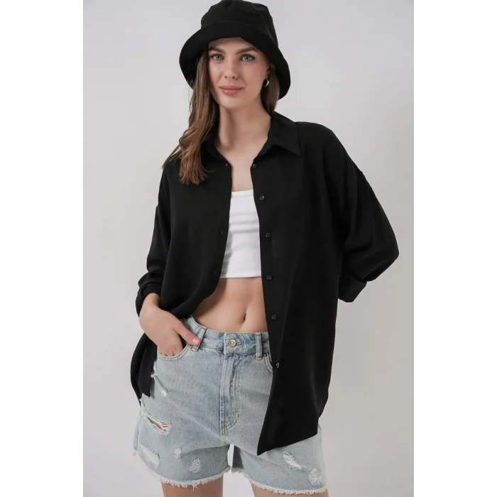 Oversize Viskon Gömlek 3785 - Siyah