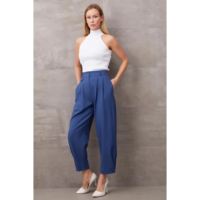 Paçası Düğmeli Yüksek Bel Pantolon