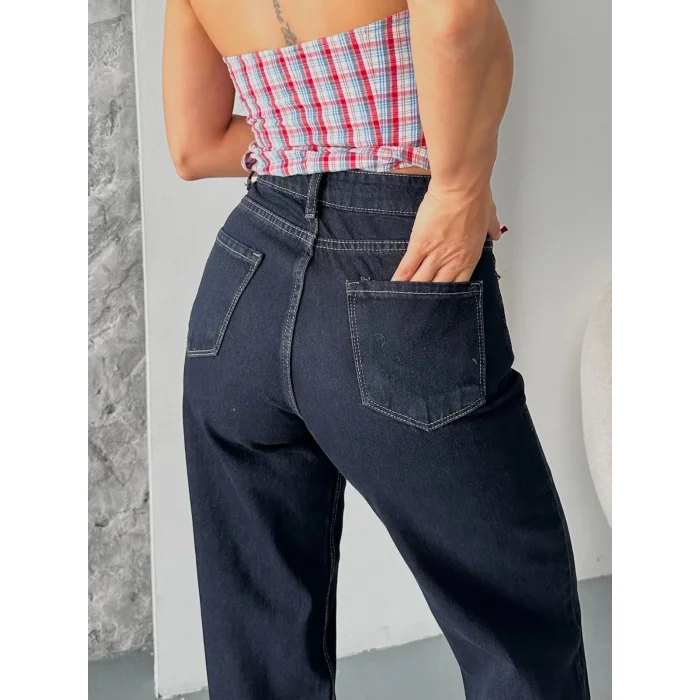 Palazzo süper taş enzim tint yıkama koyu lacivert jeans pantolon d2008