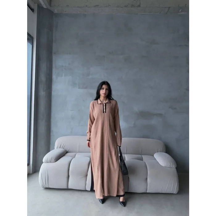 Pantolon yırtmaçlı elbise ikili triko takım vizon elf