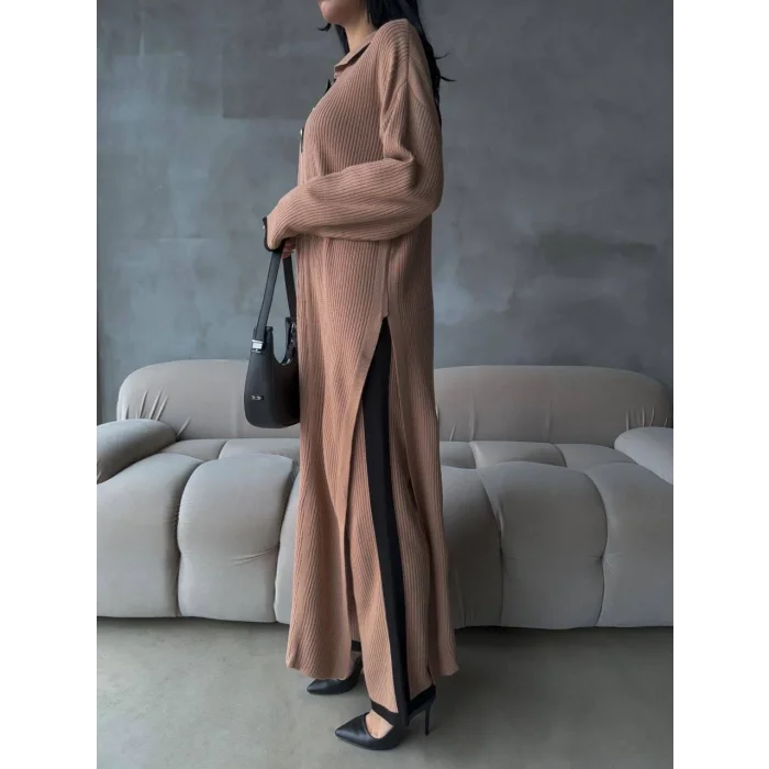 Pantolon yırtmaçlı elbise ikili triko takım vizon elf