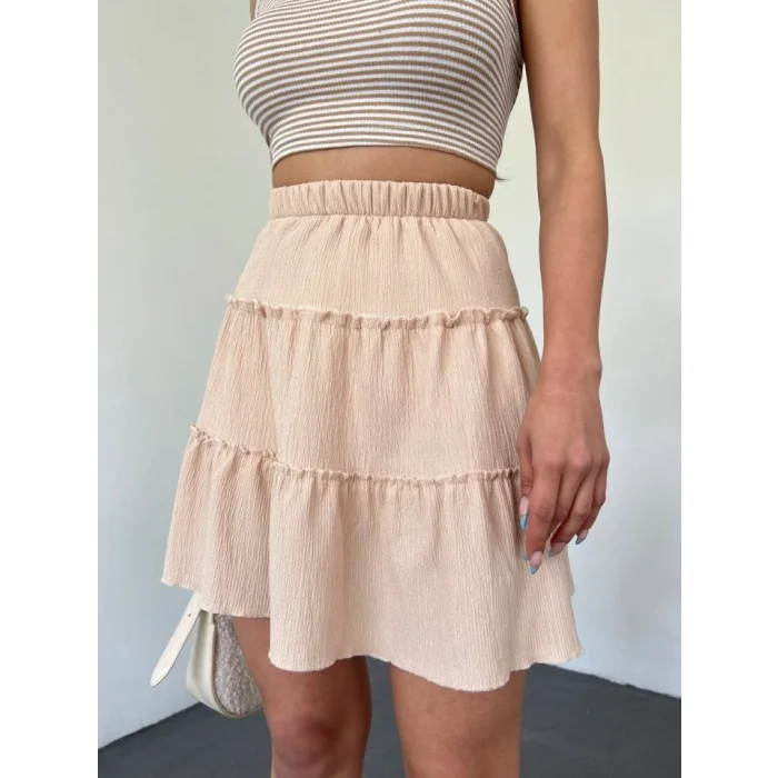 Parça Kumaş Beli Lastikli Şortlu Etek -Bej