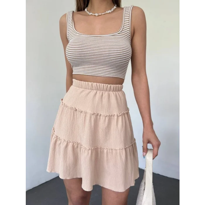 Parça Kumaş Beli Lastikli Şortlu Etek -Bej