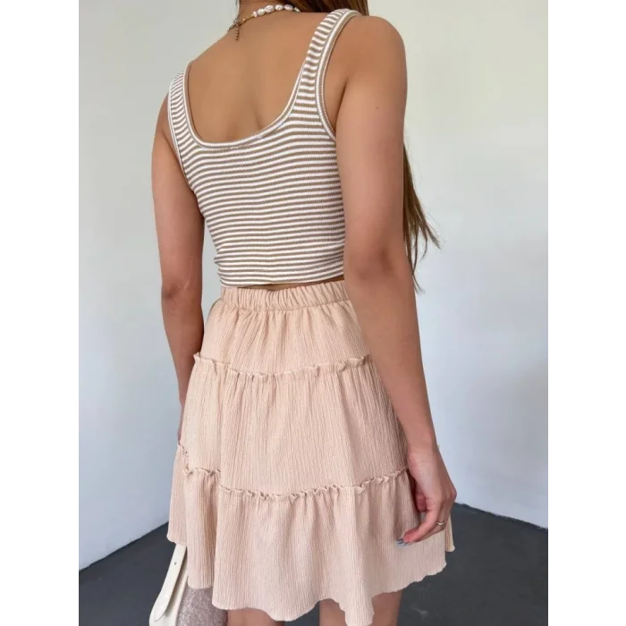 Parça Kumaş Beli Lastikli Şortlu Etek -Bej