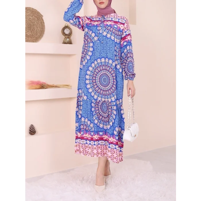 Parçalı Deseli Bağcıklı Kolu Lastikli Elbise  -Mavi