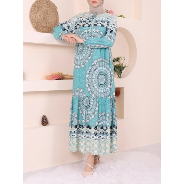 Parçalı Deseli Bağcıklı Kolu Lastikli Elbise  -Mint