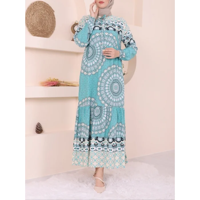 Parçalı Deseli Bağcıklı Kolu Lastikli Elbise  -Mint