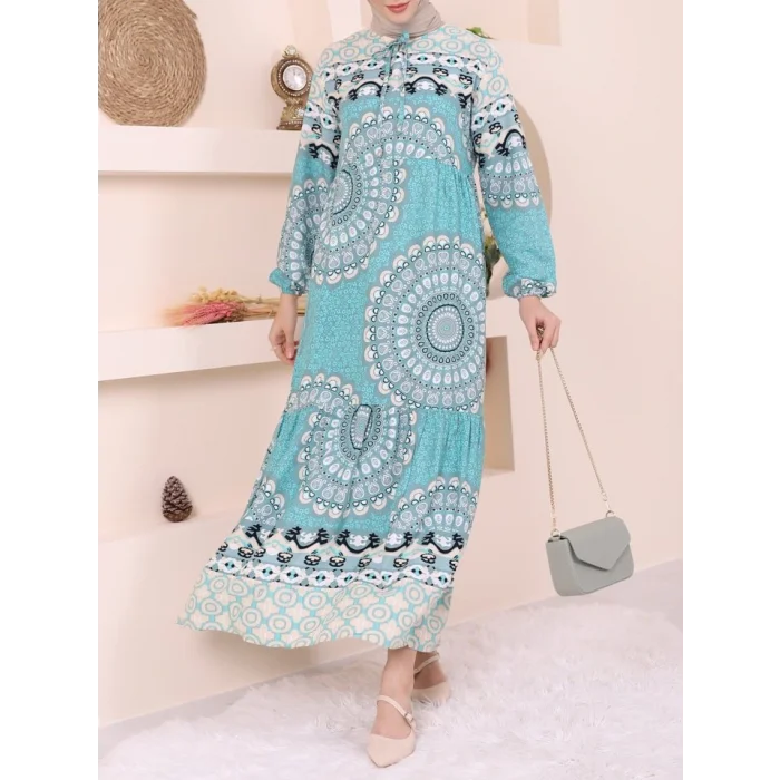 Parçalı Deseli Bağcıklı Kolu Lastikli Elbise  -Mint