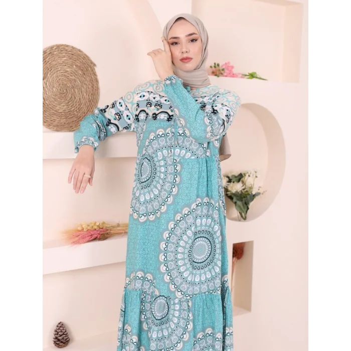 Parçalı Deseli Bağcıklı Kolu Lastikli Elbise  -Mint