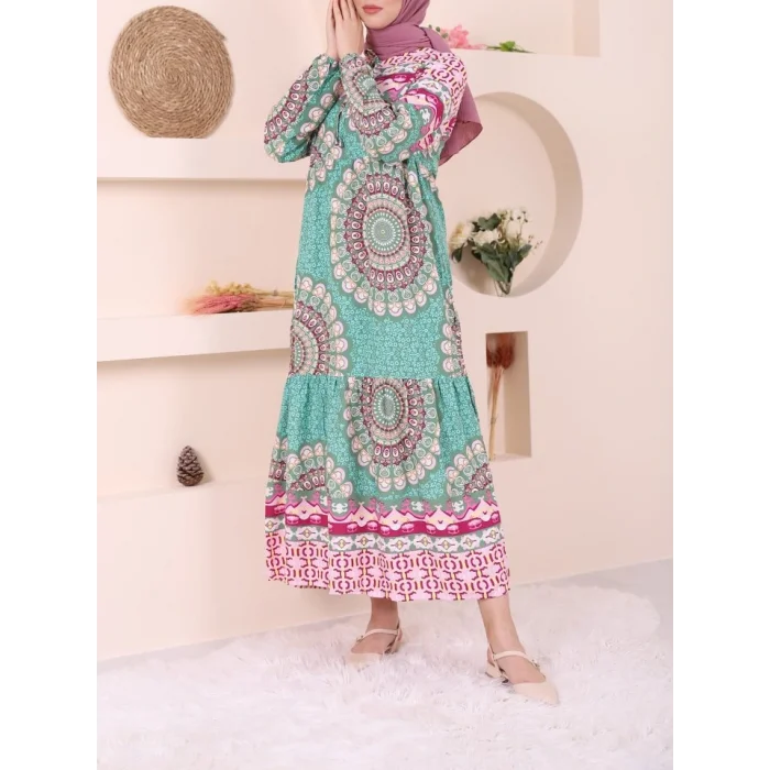 Parçalı Deseli Bağcıklı Kolu Lastikli Elbise  -Yeşil