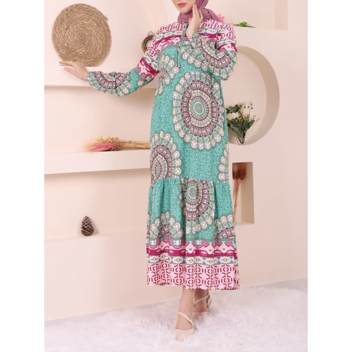 Parçalı Deseli Bağcıklı Kolu Lastikli Elbise  -Yeşil