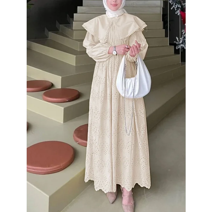 Pelerin Yaka Dantel Detaylı Elbise  -Bej