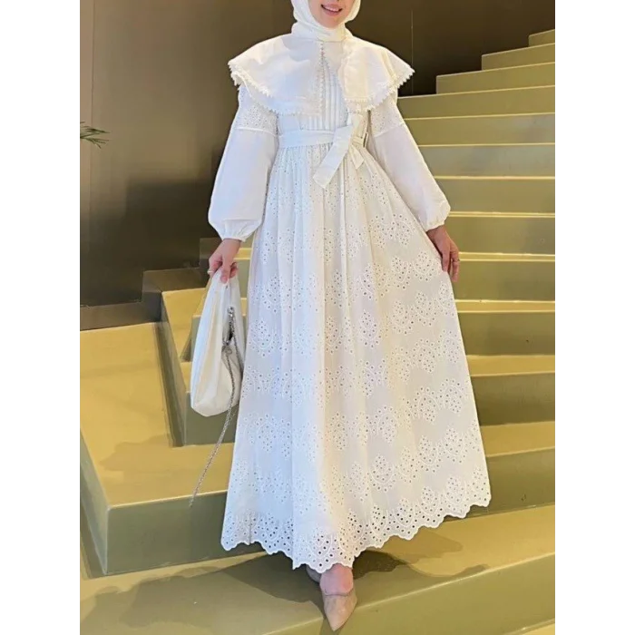 Pelerin Yaka Dantel Detaylı Elbise  -Beyaz