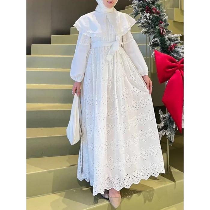 Pelerin Yaka Dantel Detaylı Elbise  -Beyaz